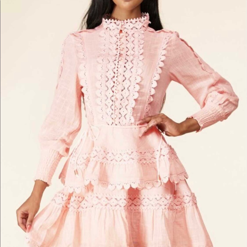 Pink Lace-Trim Tiered Women's Dress